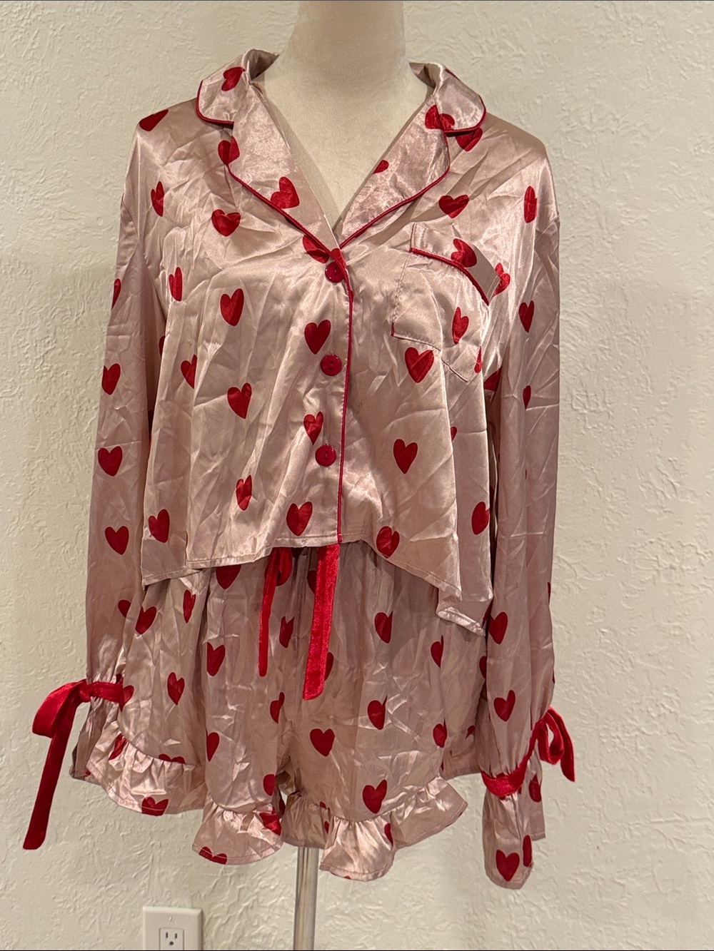 Bella Sleep and Spa Pink Satin Heart-Print Pajama Set with Red Trim size Large